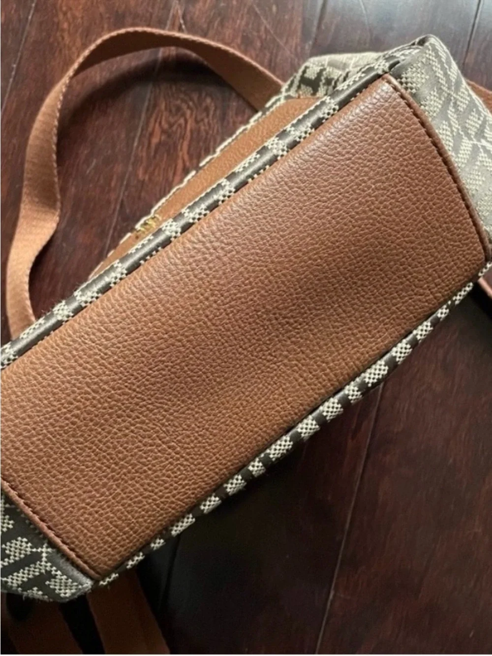 Tommy Hilfiger Beige Jacquard & Brown Leather Crossbody Bag